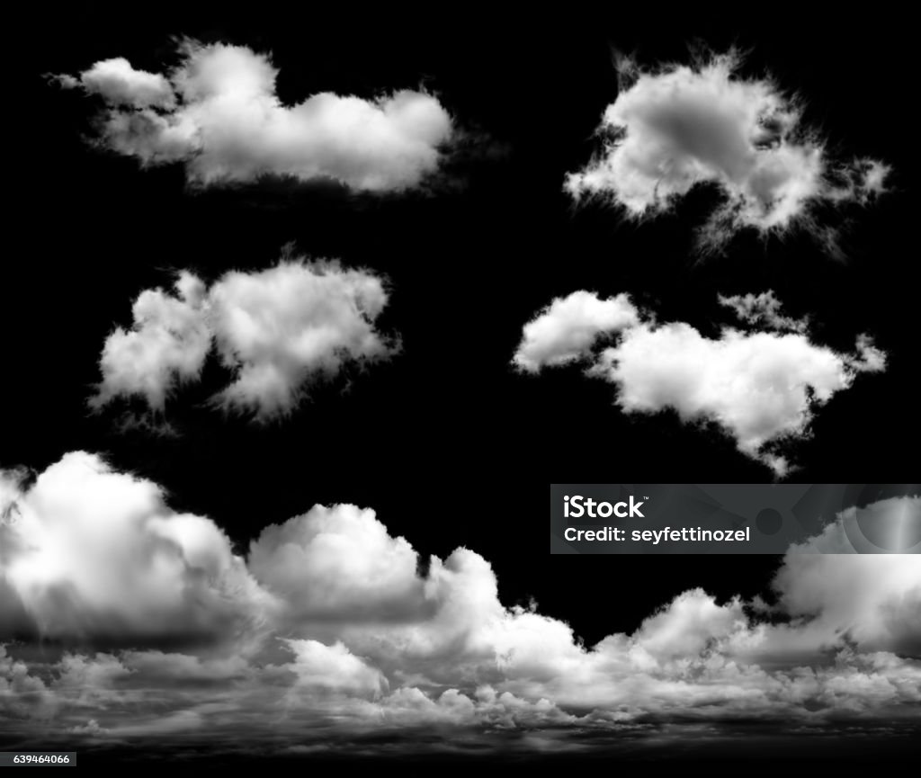 Set of transparent clouds Cloud - Sky, Cut Out, Sky, Black Background, White Color, Backgrounds, Number 5 Cloud - Sky Stock Photo