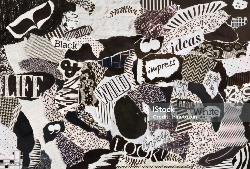 mood board collage sheet in color idea black and white Creative Atmosphere art mood board collage sheet in color idea black and white made of teared magazines and printed matter paper with signs and textures Image Montage Stock Photo