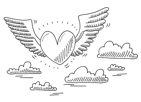 Hand-drawn vector drawing of a Love Heart Flying In The Air. Black-and-White sketch on a transparent background (.eps-file). Included files are EPS (v10) and Hi-Res JPG.
