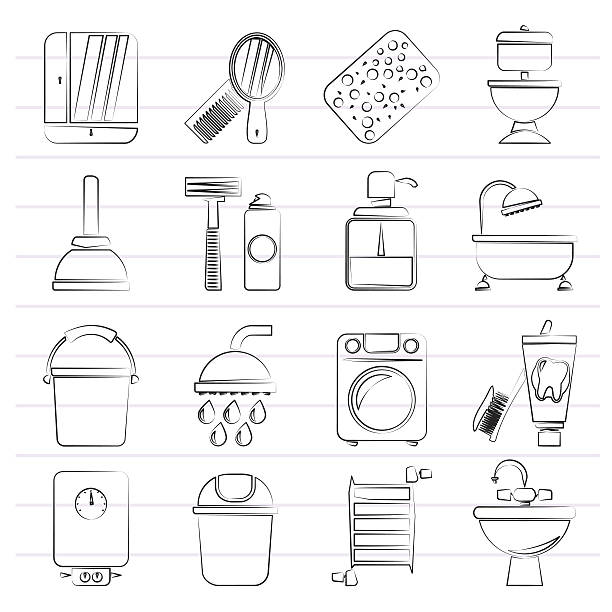 значки объектов ванной и гигиены - shaving equipment wash bowl bathroom razor stock illustrations