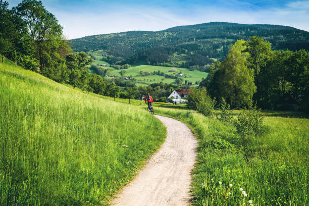 Scenic mountain landscape. Summer sports concept. Country road in summer mountain valley in Germany, Black Forest. Scenic countryside landscape with a man cycling on a trail. baden württemberg stock pictures, royalty-free photos & images