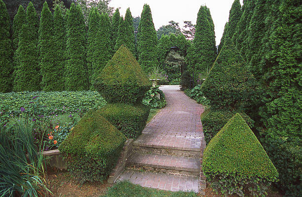 istock Flagstone path through landscaped gardens and topiary in Wilmington Delaware 639473448