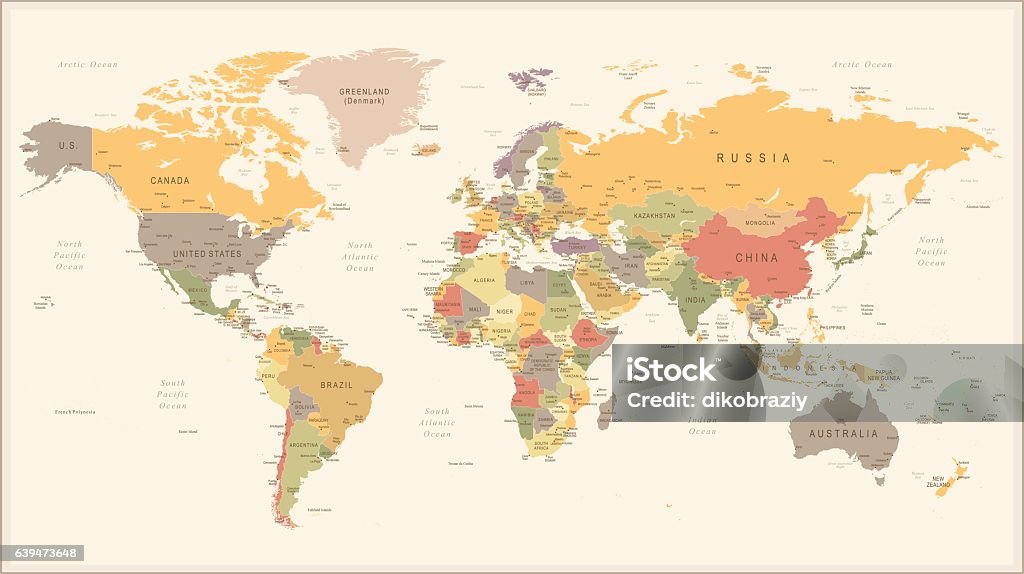 Vintage Retro World Map - ilustración - arte vectorial de Mapa mundial libre de derechos