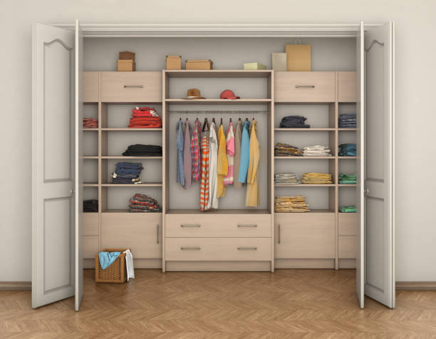 istock empty room interior and big closet with clothes; 3d illustration 639473786