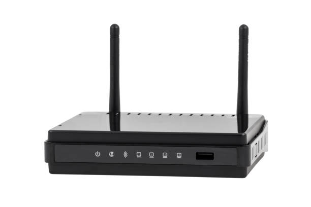 istock Black wireless internet network wi-fi router solated on white background 639478374