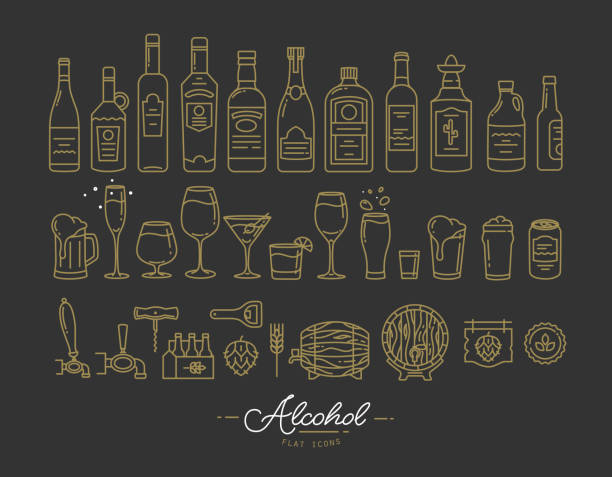 illustrations, cliparts, dessins animés et icônes de icônes d’alcool plat or - wine bar beer bottle beer