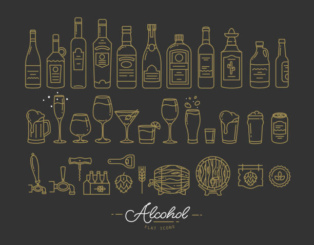 Flat alcohol icons gold Set of alcohol icons in flat style drawing with gold lines on black background cocktail wine bottle glass alcohol stock illustrations