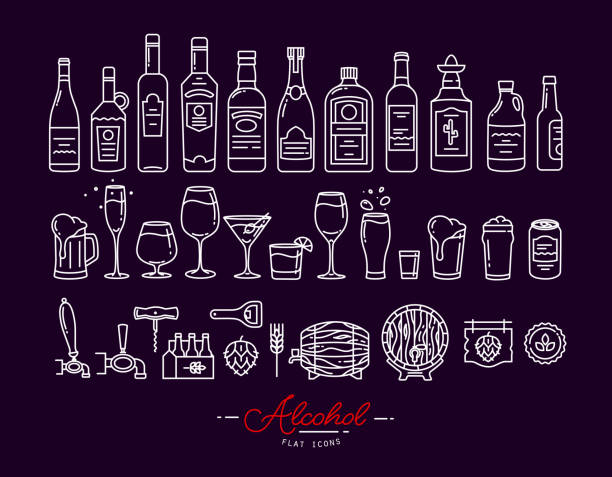 ilustraciones, imágenes clip art, dibujos animados e iconos de stock de iconos de alcohol plano violeta - wine bar beer bottle beer