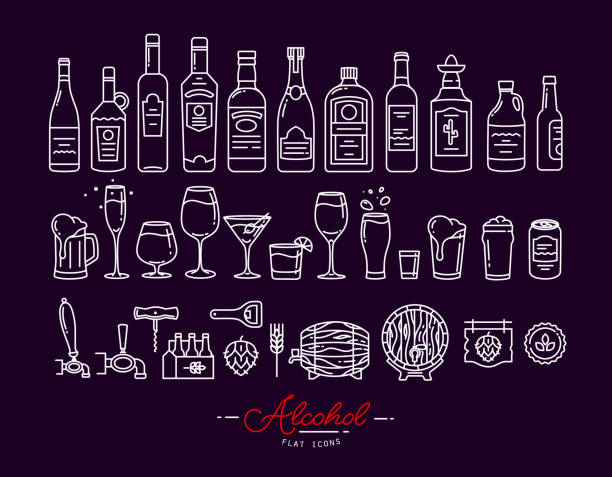 Flat alcohol icons violet Set of alcohol icons in flat style drawing with white lines on violet background cocktail wine bottle glass alcohol stock illustrations