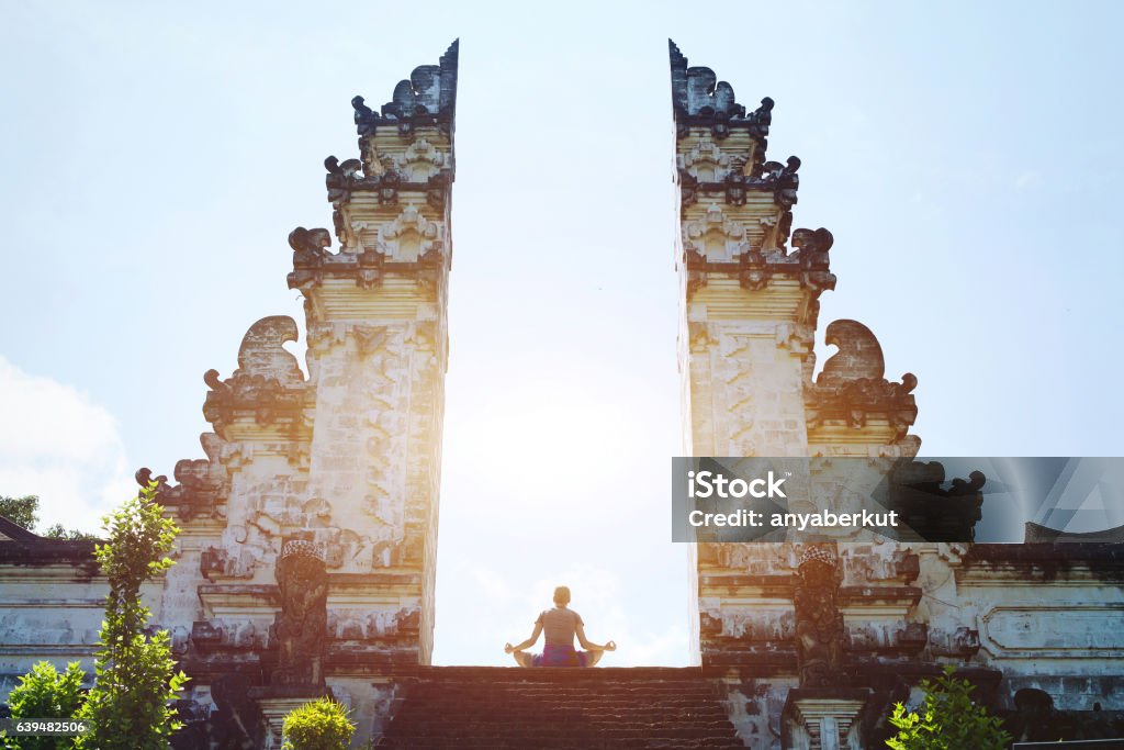 yoga in Bali, meditation in the temple, spirituality concept yoga in Bali, meditation in the temple, spirituality and enlightenment Bali Stock Photo