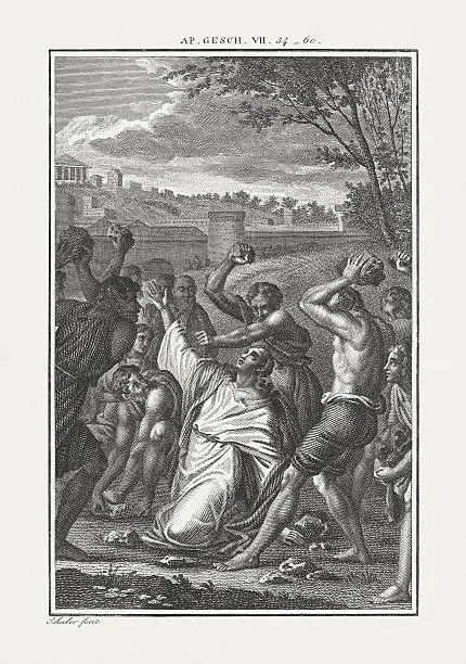 The Stoning of Stephen (Acts 7). Copper engraving by Carl Schuler, published c. 1850.