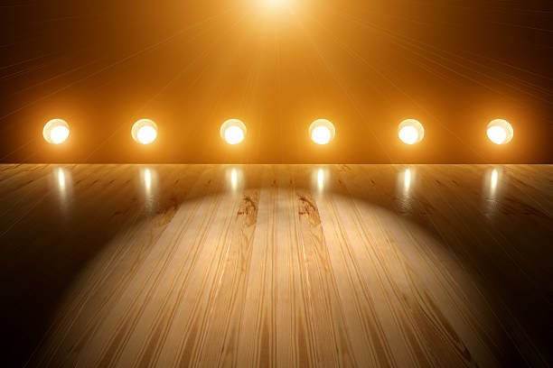 Empty Concert Stage Spotlight and Flares Background A empty concert or theater stage with can lights and spotlight background. stage light stock pictures, royalty-free photos & images