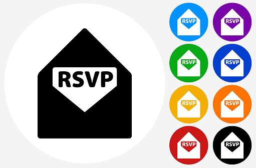 RSVP Icon on Flat Color Circle Buttons. This 100% royalty free vector illustration features the main icon pictured in black inside a white circle. The alternative color options in blue, green, yellow, red, purple, indigo, orange and black are on the right of the icon and are arranged in two vertical columns.