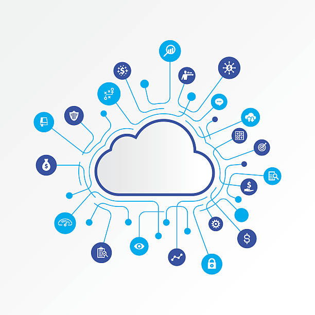 cloud-computing-konzept mit finanz- und analysesymbolen - concepts calculator tax form finance stock-grafiken, -clipart, -cartoons und -symbole