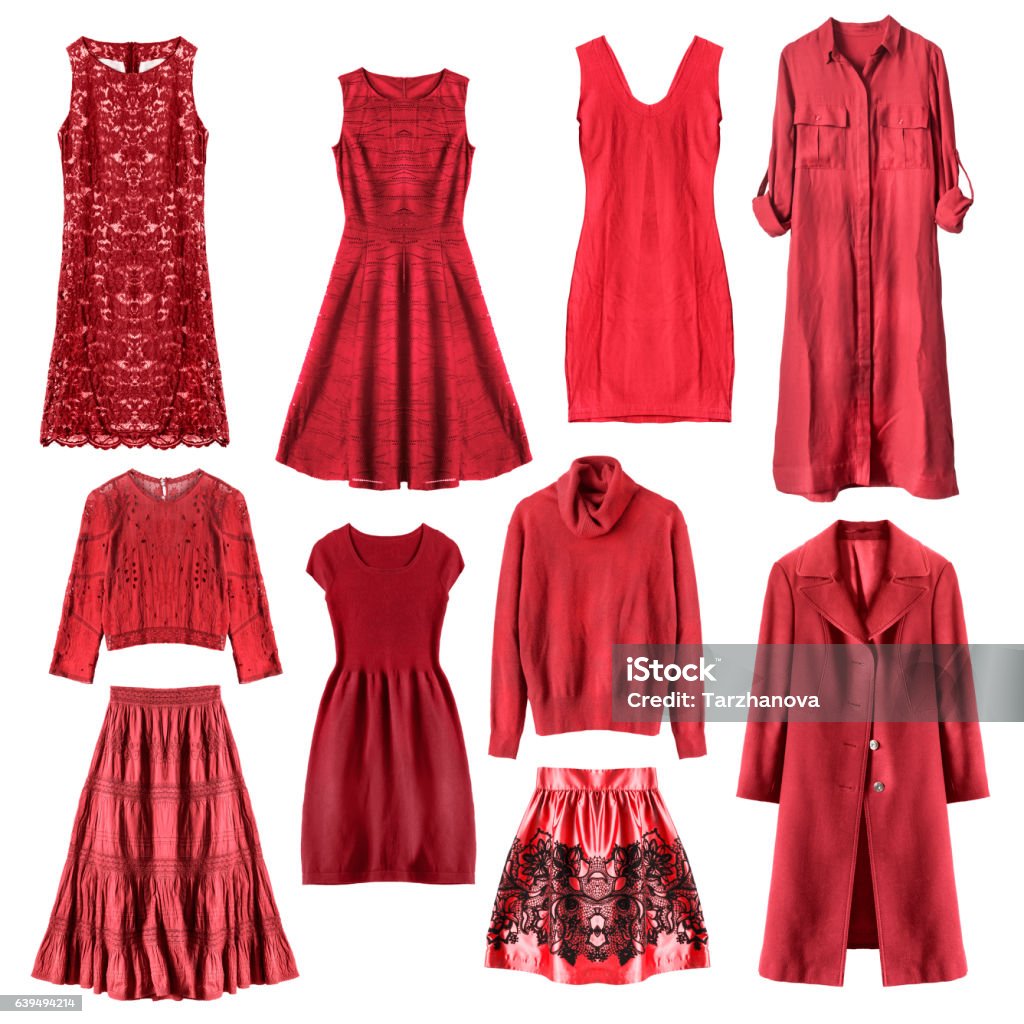 Red clothes isolated Set of red woman clothes isolated over white Dress Stock Photo