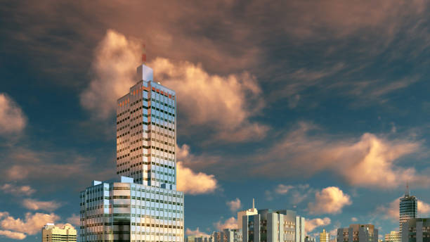 istock Abstract high rise buildings and sunset sky 639496192