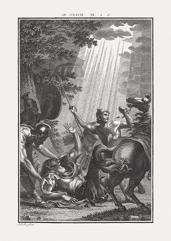 The Conversion of Saul (Acts 9). Copper engraving by Carl Schuler, published c. 1850.
