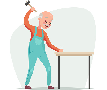 Old furniture maker hammers nail a table retro cartoon character vector illustration