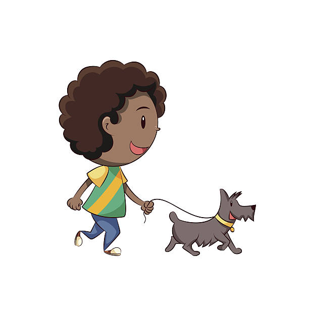 Boy Walking Dog Stock Illustration - Download Image Now - African-American  Ethnicity, Cartoon, Child - Istock
