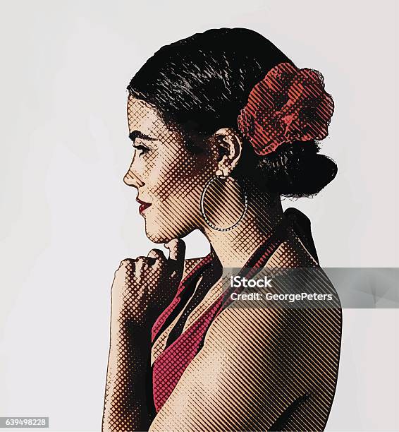 Engraving Portrait Of A Hispanic Woman Dressed For Dancing Stock Illustration - Download Image Now