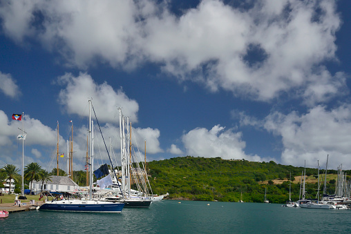 Sailboats line the wharf at Nelsons Dockyard in English Harbor near Cobbs Cross, a prime tourist attraction in St John's Antigua & Barbuda