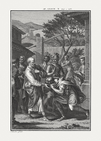 Peter Visits Cornelius (Acts 10, 25-26). Copper engraving by Carl Schuler, published c. 1850.