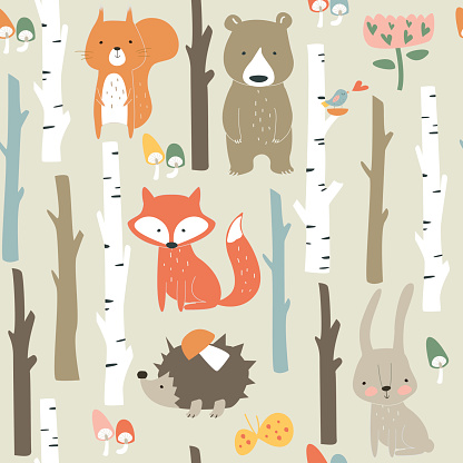 Forest seamless background with cute fox, bear, bunny, elk, hedgehog, birds, mushrooms and trees in cartoon style