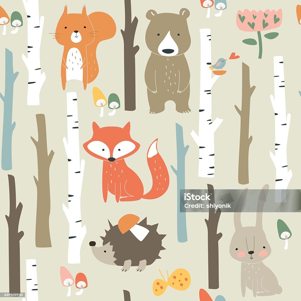 seamlessbirchforestpopcolor Forest seamless background with cute fox, bear, bunny, elk, hedgehog, birds, mushrooms and trees in cartoon style Animal stock vector