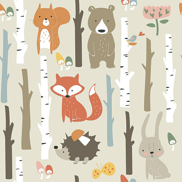 seamlessbirchforestpopcolor Forest seamless background with cute fox, bear, bunny, elk, hedgehog, birds, mushrooms and trees in cartoon style bedroom patterns stock illustrations