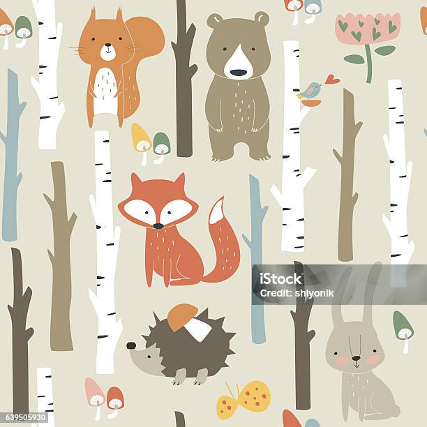 Seamlessbirchforestpopcolor Stock Illustration - Download Image Now - Animal, Baby - Human Age, Woodland