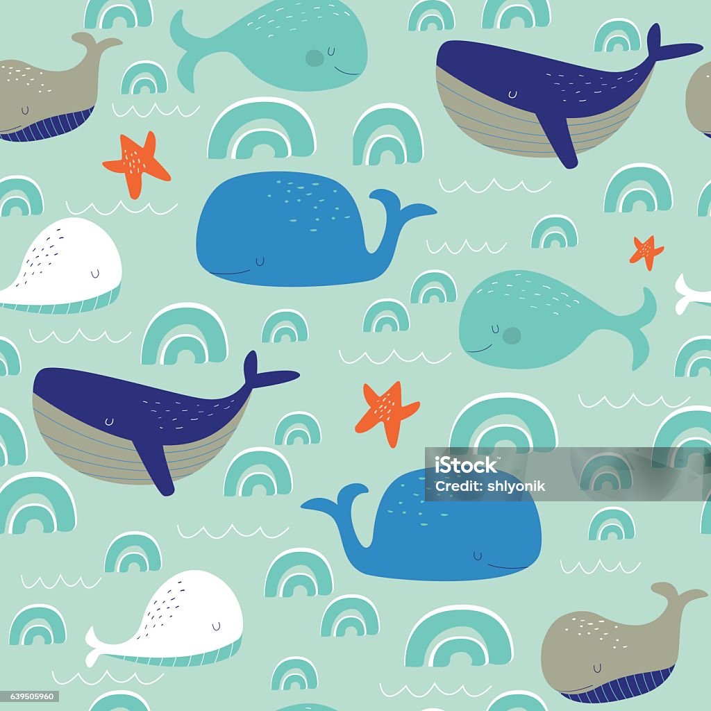 seamlesswhales Seamless pattern with cute whales in cartoon style Pattern stock vector