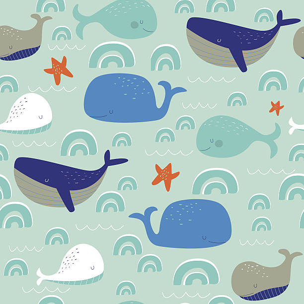 seamlesswhales Seamless pattern with cute whales in cartoon style animal markings stock illustrations