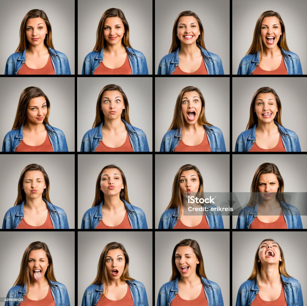 My sixteen diferent moods Multiple portraits of the same woman doing diferent expressions Multiple Image Stock Photo