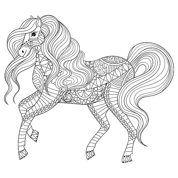 Hand drawn  horse for adult coloring page, art therapy, Adult anti stress coloring page with horse. Hand drawn animal for colouring book, art therapy, greeting card, decoration element. Freehand sketch in boho style. adult coloring pages mandala stock illustrations