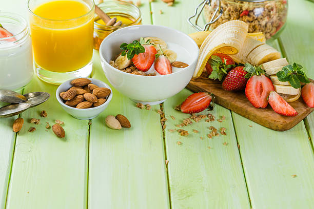istock Breakfast - strawberry and banana muesli with yogurt 639516534