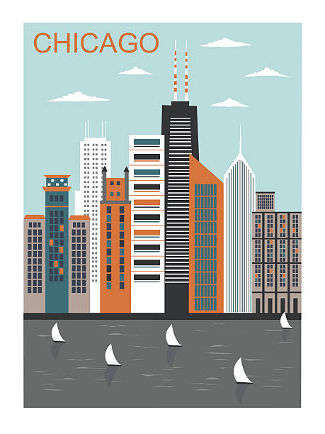 illustrations, cliparts, dessins animés et icônes de ville stylisée de chicago. - chicago skyline lake nautical vessel