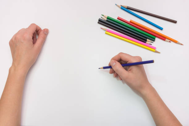 istock Female hand painted with colored pencils on paper, close-up 639519432