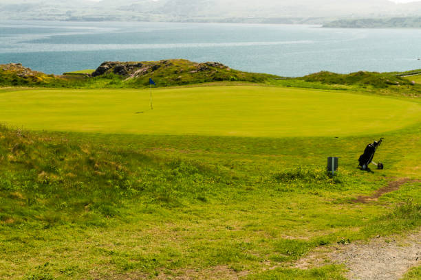 istock Golf course putting green sea in background and golf bag. 639520694