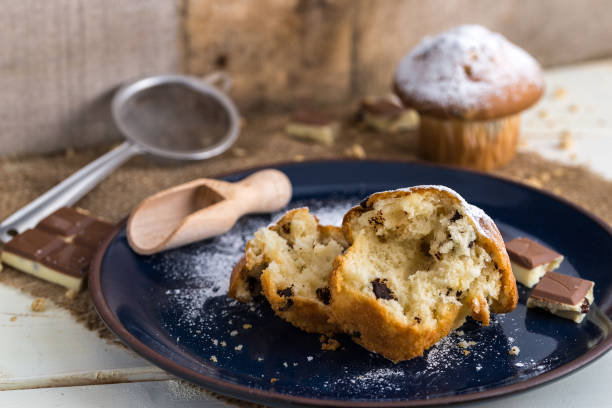 istock Muffins powdered by sugar on blue plate and natural background. 639521438