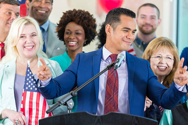 istock Confident Hispanic politician addresses supporters 639522876