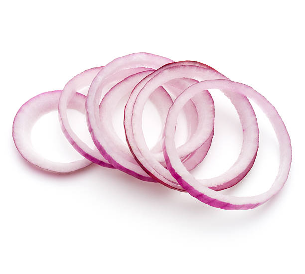 istock Sliced red onion rings isolated on white background cutout 639525444