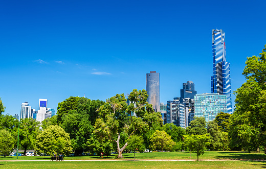 Cityscape of Melbourne from Kings Domain parklands - Australia