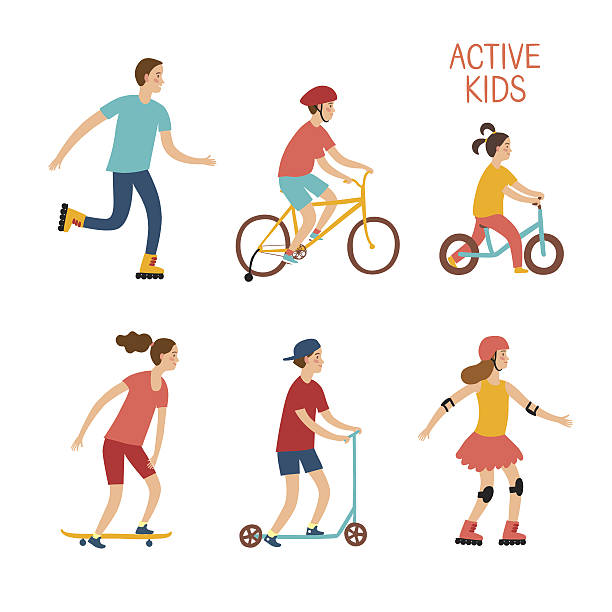 Active children riding and playing outdoor Summer activities cartoon set. Active kids riding and playing outdoor.Characters illustration for your design. hot male drawing stock illustrations