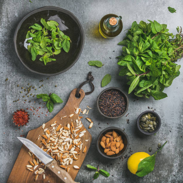 istock Chopped almond, mint, oil, black rice, pumpkin seed, spices, lemon 639529320