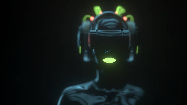 istock Female cyborg with VR headset 639533346