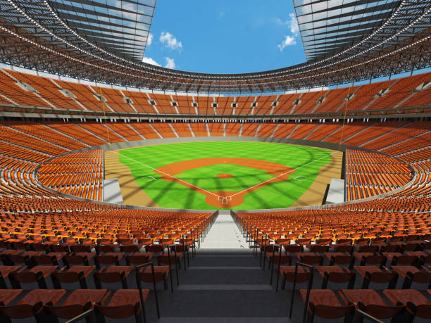 istock Beautiful modern baseball stadium with orange seats and VIP boxes 639533530
