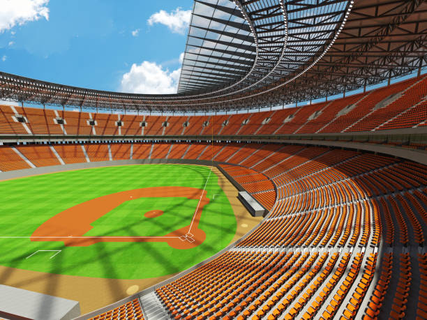 istock Beautiful modern baseball stadium with orange seats and VIP boxes 639533560