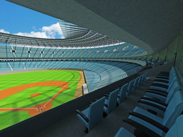 istock Beautiful modern baseball stadium with sky blue seats and boxes 639533614