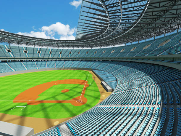 Beautiful modern baseball stadium with sky blue seats and boxes 3D render of baseball stadium with sky blue seats, VIP boxes and floodlights for hundred thousand people baseball stadium chairs stock pictures, royalty-free photos & images