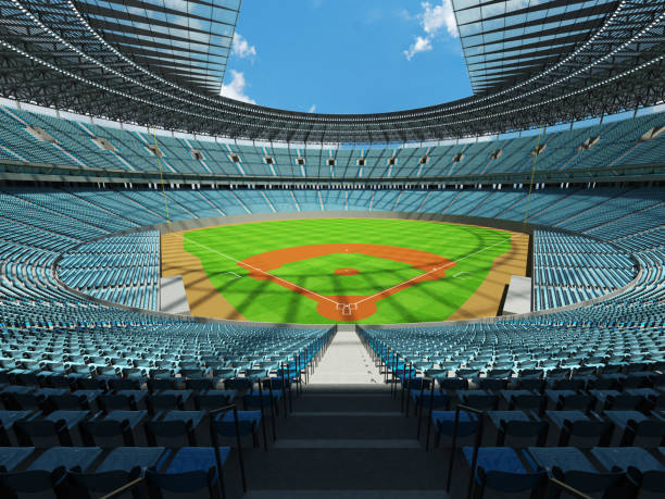 Beautiful modern baseball stadium with sky blue seats and boxes 3D render of baseball stadium with sky blue seats, VIP boxes and floodlights for hundred thousand people sod roof stock pictures, royalty-free photos & images